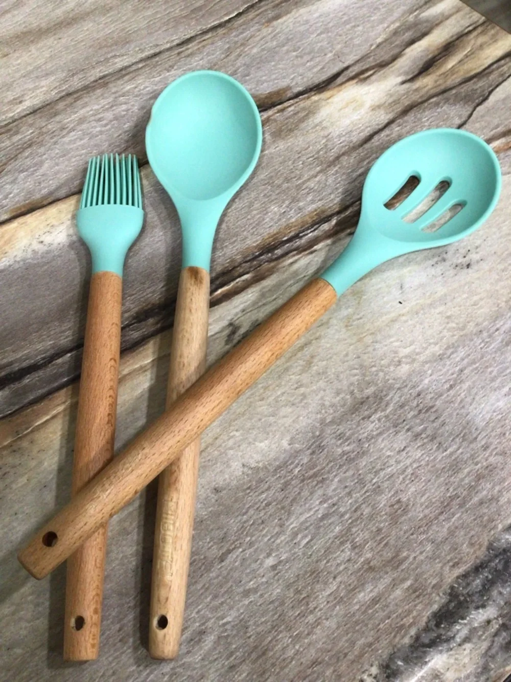 MIBOTE 3pc Silicone Kitchen Utensil Set Teal Wood Handle Spoon Brush BPA Free.